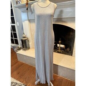 Zenergy Chicos Women's Dress Sz Med  Sleeveless Maxi Aqua Stripes Ankle Slits